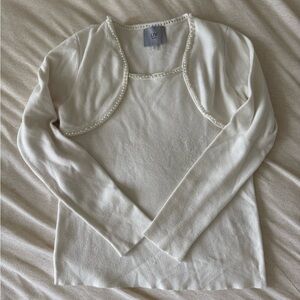 Women's White Sweater with Pearl Trim